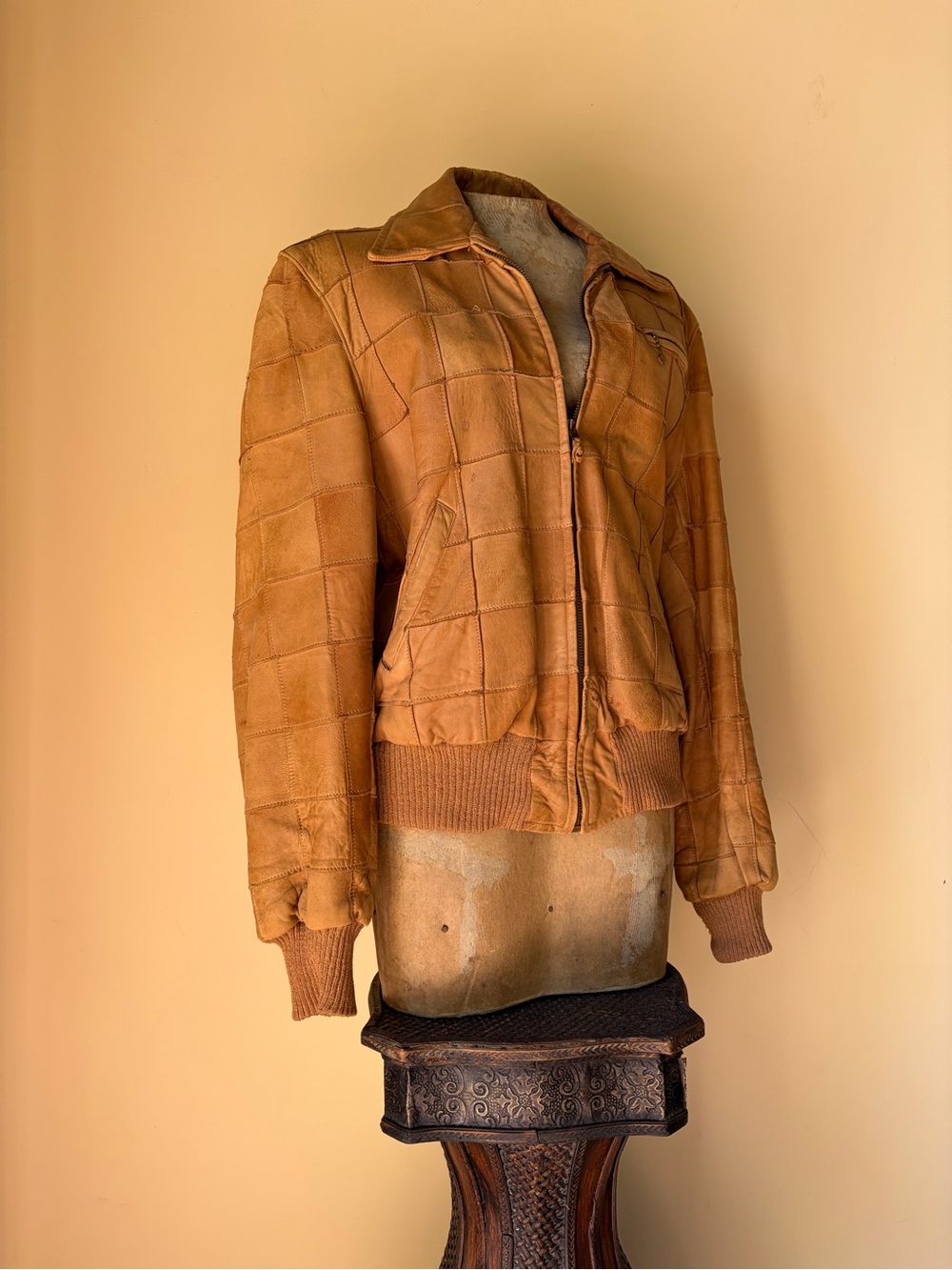 Vtg 70s Tan Distressed Patchwork Leather Bomber Jacket Western Hippie Boho